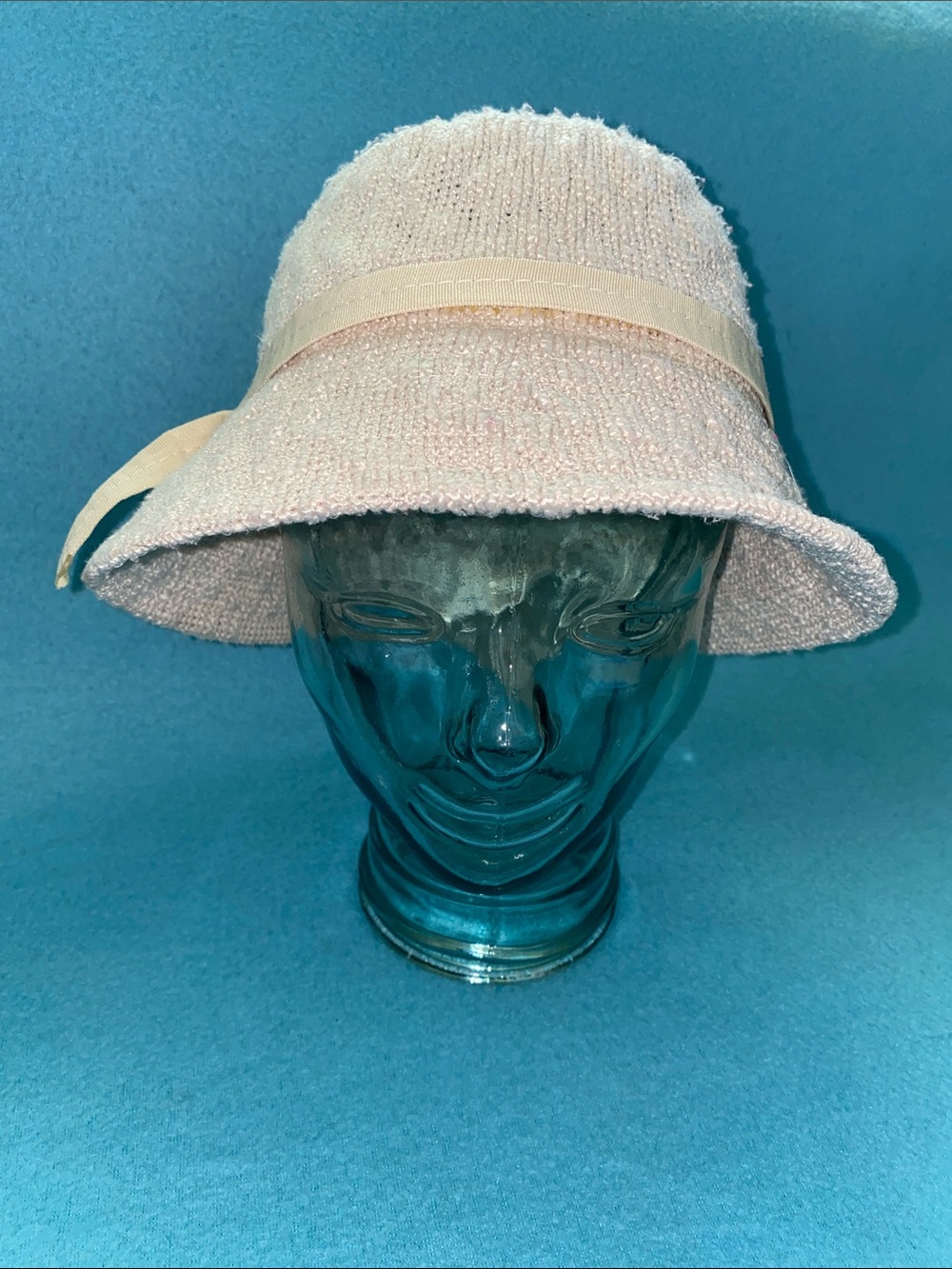 Nubby knit textured sun bucket hat closhe grosgrain ribbon cream beige size OSFA